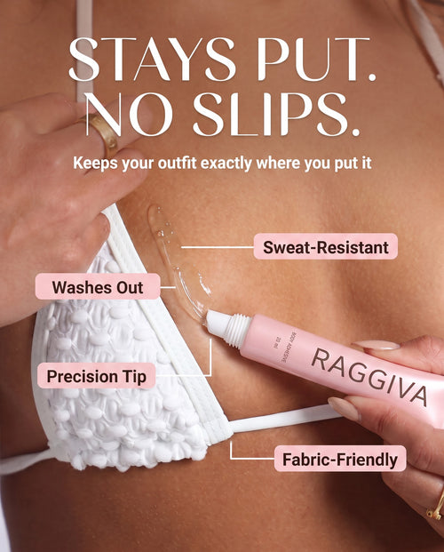 Raggiva Body Adhesive applied to a bikini top